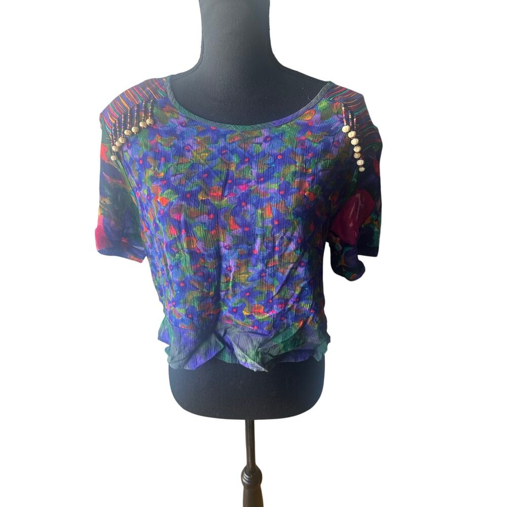 Vintage Carole Little Beaded Fringe Blouse Abstract Floral Size 14